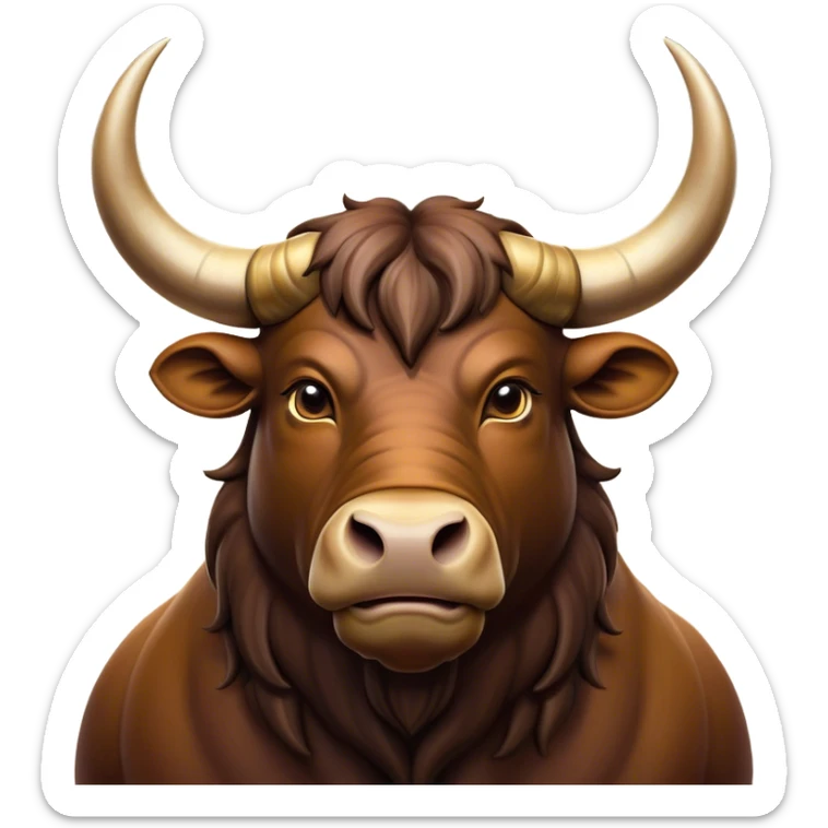 Cinematic Noble Domestic Ox Portrait Emoji, Poised and stalwart, with a massive, muscular build and a thick, smooth hide in deep earthy tones, prominent, curved horns, and steady, soulful eyes, Simplified yet sharp and sophisticated features, highly detailed, glowing with a warm, dignified glow, high shine, intelligent and dependable, stylized with an air of timeless strength, focused and attentive, soft glowing outline, capturing the essence of a watchful and confident ox that feels as though it could plod out of the screen with effortless authority! sticker