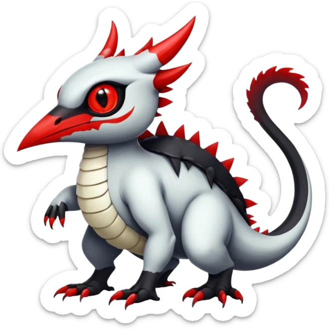 a white exotic edgy vernid-fionbr-Fakémon-creature, with black belly and red eyes, full body sticker
