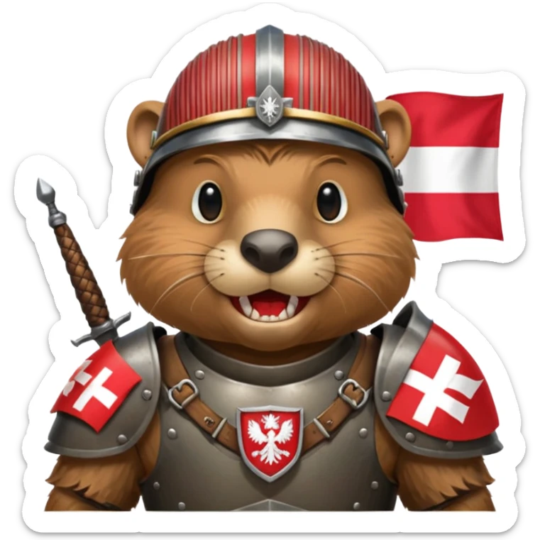 polish husaria miliatry unit but its a beaver, make him with a face like is the best fighter of all times with polish flag logo, not the whole body only the tors, show teeth sticker