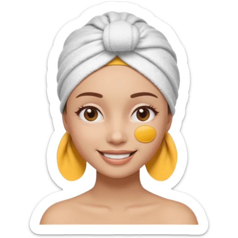 3D emoji style woman with towel head wrap, under-eye patches, smiling softly, clean girl skincare aesthetic, soft studio lighting, smooth skin texture, minimalist beige background, high resolution, PNG sticker