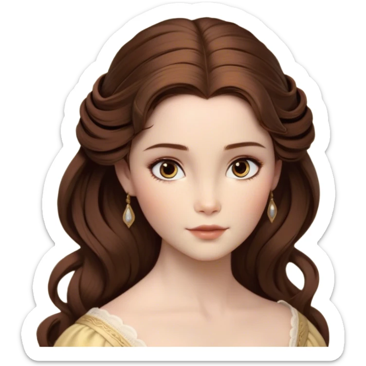 Cinematic Realistic Belle Portrait, depicted with lifelike skin texture, soft natural lighting, and intricately detailed brown hair styled elegantly. Her deep, expressive eyes exude warmth and intelligence, complemented by a serene and graceful expression. She is dressed in her classic attire, with rich fabric textures and delicate folds that catch the light beautifully. The portrait features a soft, enchanting glow with a natural, radiant finish, capturing the essence of timeless beauty in a realistic and painterly style, evoking a sense of depth and authenticity. sticker