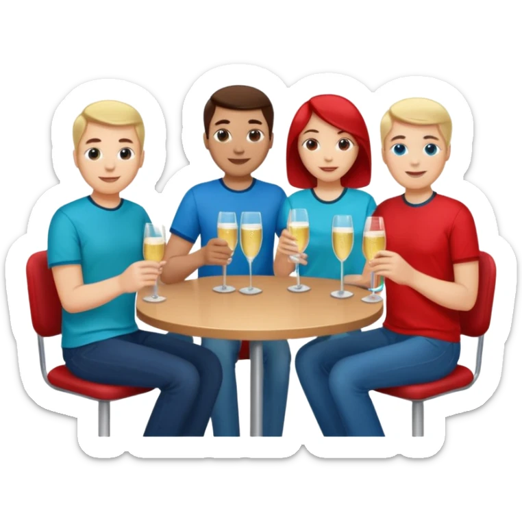 A large crowd of adults in casual clothing with red, aqua and blue shirts with drinks chatting at an afterwork meeting sticker