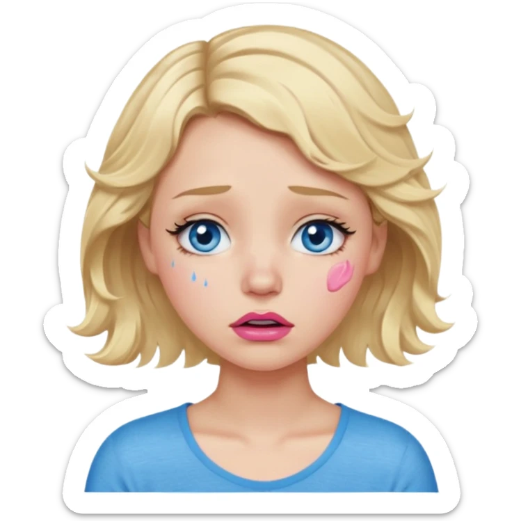 Girl Blonde short wavy hair,  blue eyes, cute blue top, long lashes, pink lips,crying with big tears running down the face  sticker