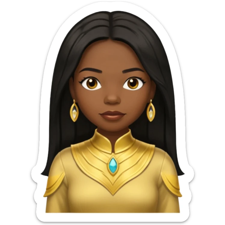 Michelle Williams from Destiny's Child with dark skin ,black long hair, gold outfit sticker