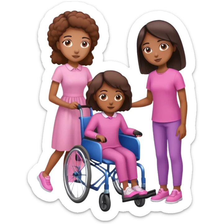 One tan skin sister standing behind her brown skin sister in a pink wheelchair sticker