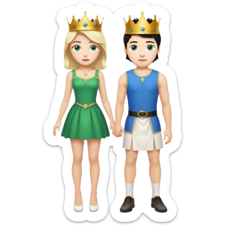 Prince with crown, black hair, body, legst, blue eyes, woman blonde hair, green eyes, sexy white short sleveless dress, shoes sticker