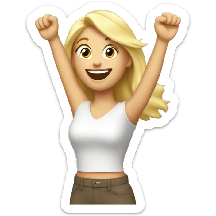 Blonde girl it hands in the air, open palm hand, happy, excited. Above waist only. sticker