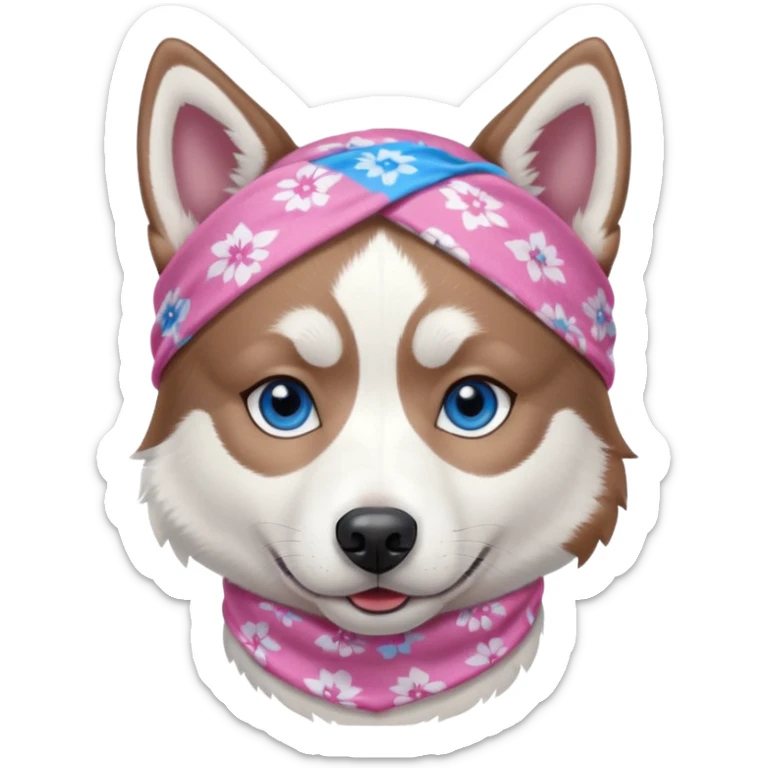 Husky siberiano fêmea, toda branca um olho azul e outro metade azul e marrom. Com bandana rosa sticker