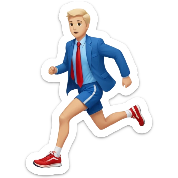 a running white man wearing a blue jacket, shorts, red sneakers, and a flowing red tie sticker