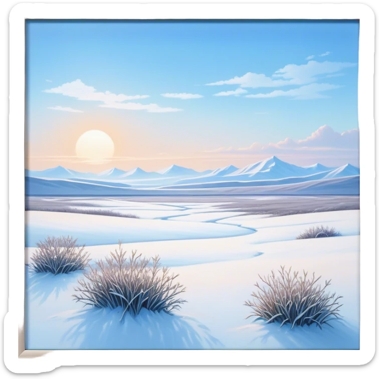 Cinematic Realistic Tundra Emoji in a wooden frame, Vast and cold, with wide expanses of snow-covered ground, sparse grasses poking through, and the occasional hardy shrub breaking up the pale white landscape. The sky above is a pale, frosty blue, and the light reflects off the snow, creating a serene yet starkly beautiful environment. Soft glowing outline, capturing the essence of a quiet, still, frozen wilderness where life endures despite the harsh conditions. sticker