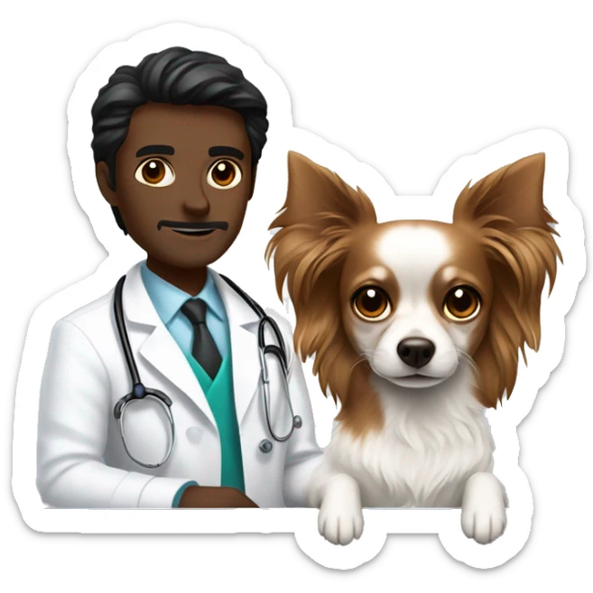 Veterinary doctor with wavy brown long hair brown eyes in a white coat next to a solid black chihuahua dog on a metal table  sticker