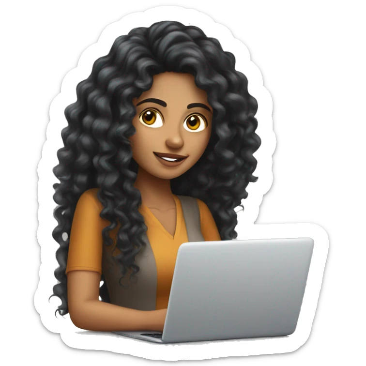 lighter skin Indian woman working on laptop with long black curly hair sticker