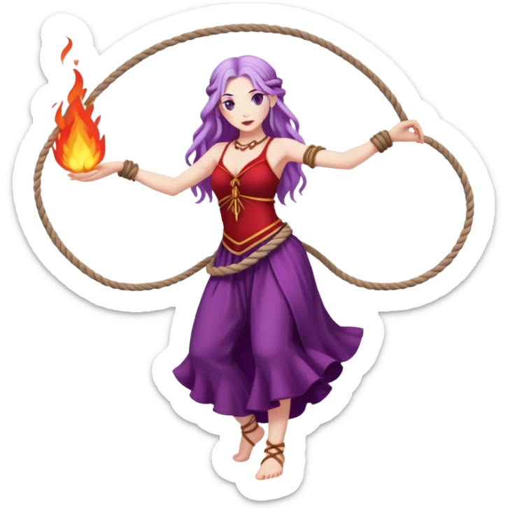 Full body rope Poi fire dance performer pale skin with long purple hair red dress sticker