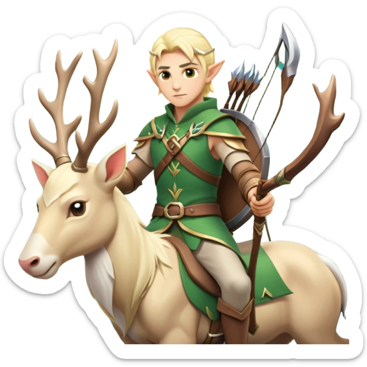 clash-of-clans-aesthetic-blond-male elf-archer-portrait-emoji, rendered in a flat, vector-style with minimal shading and bold, simplified shapes, head tilted slightly forward with a determined, focused expression, riding a majestic white stag whose antlers glow with mystical energy, set against an ancient, enchanted forest backdrop. sticker