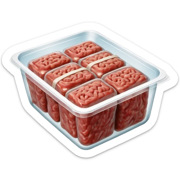 A 3D cartoon pack of minced meat wrapped in transparent plastic, supermarket-style packaging, top angle, Memoji-style. sticker