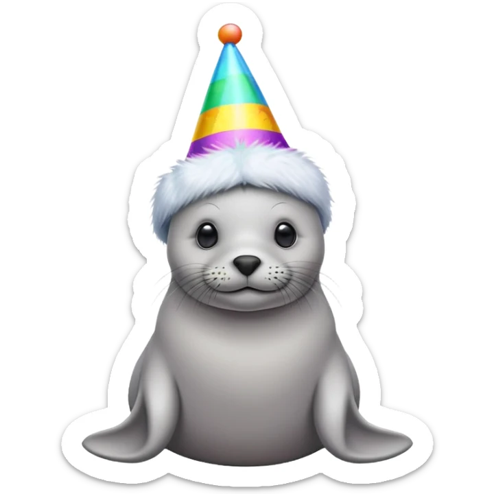 A cute seal wearing a colorful party hat, similar to a sustainable fuel plant logo sticker