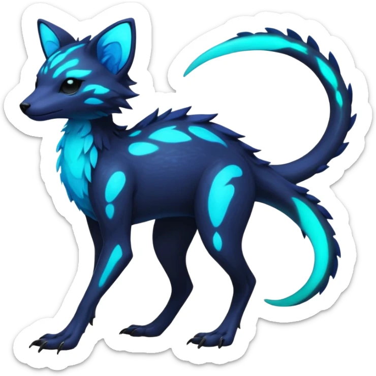 Rare realistic dark-neon glowing bioluminescent edgy badass epic pretty beautiful handsome gorgeous aesthetic colorful vibrant Vernid-Trico-species-Fakemon-creature by LiLaiRa, 4 legs, 1 tail, random markings, (full body) sticker