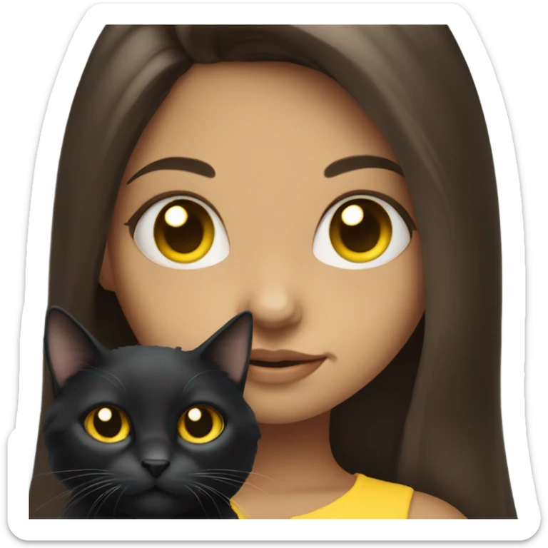 Long haired brunette blue eyed girl holding a yellow eyed black cat sticker