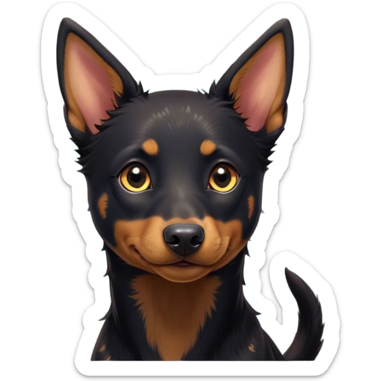 Cinematic Cute Black and Tan Kelpie Portrait Emoji, Head tilted playfully and inquisitively, featuring a sleek black Fur with vibrant tan markings, round, sparkling dark eyes filled with curiosity, Simplified yet irresistibly adorable features, highly detailed, glowing with a warm, friendly glow, high shine, affectionate and spirited, stylized with a touch of whimsy, bright and endearing, soft glowing outline, capturing the essence of a mischievous yet loving herder, so playful it feels like it could leap out of the screen and into your arms! sticker