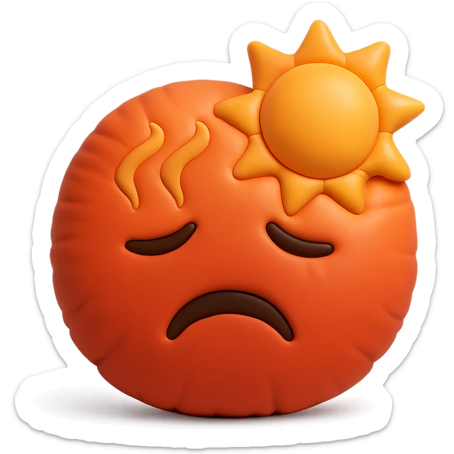 hot emoji with sun and heat waves, red and orange tones, soft plush cushion style sticker