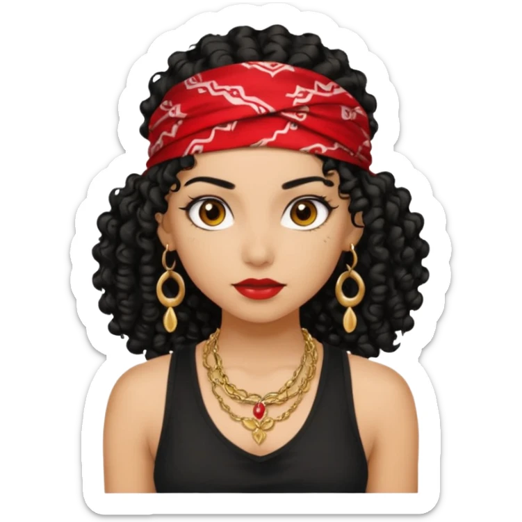 Baddie girl with black  tank top curly hairss and bandana and jwellery face only not body sticker