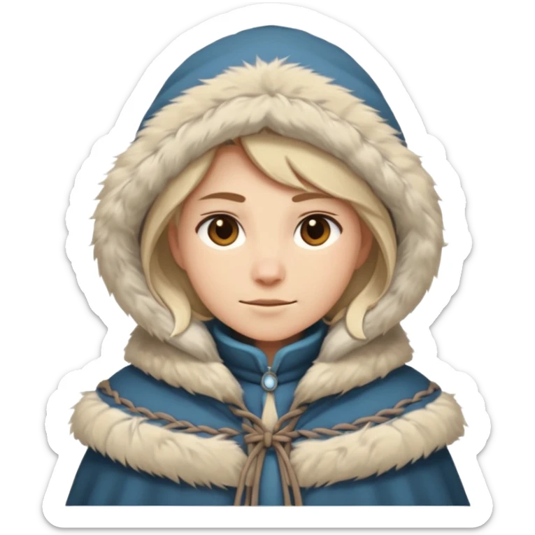Fantasy human emoji portrait, simple winter mantle with fur trim on shoulders, northern winter vibe, restrained colors, clean flat emoji design, male/female variant
 sticker
