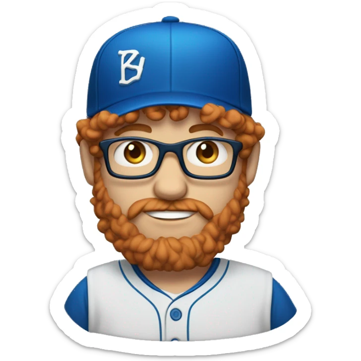 35 year old, male, short curly red hair, pale, thick beard, blue eyes, glasses, blue baseball hat sticker