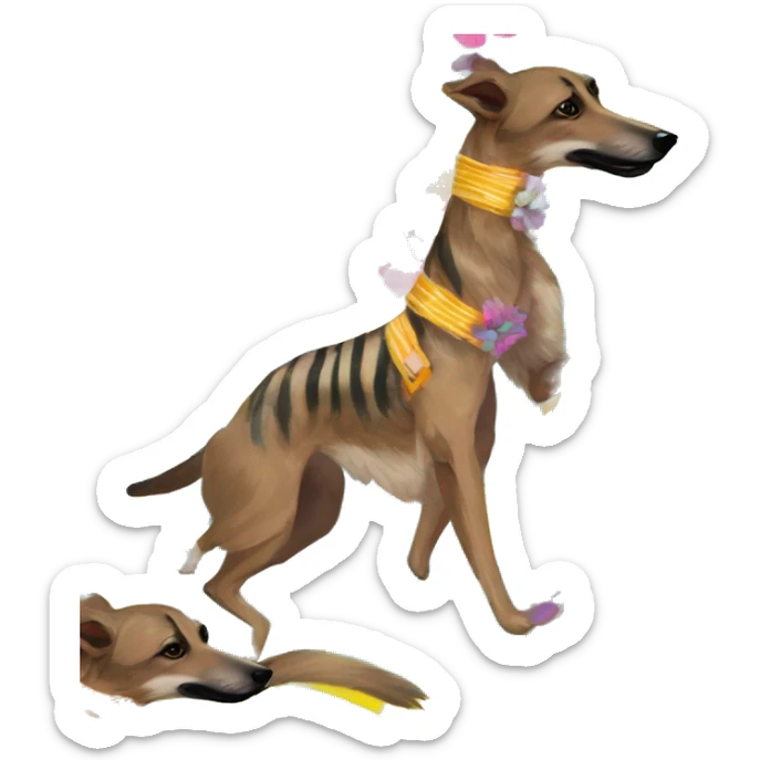  brindle brown black maroon striped lurcher Alsatian fox running blue eyes and iridescent holographic oilslick harness wearing paper iridescent tropical flower crown yellow caution tape sticker