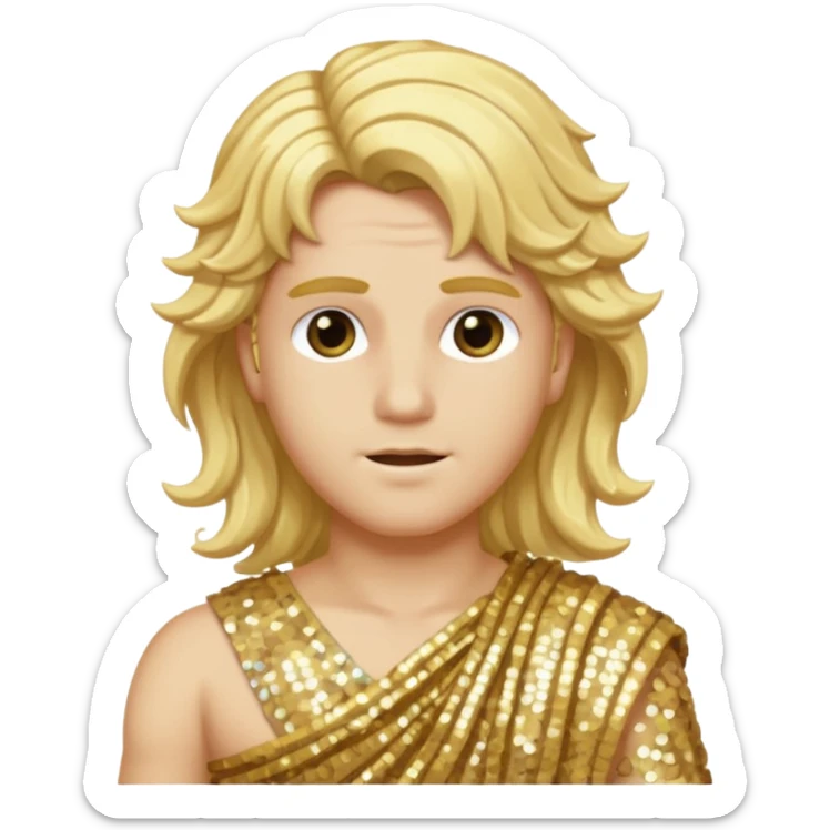 Apollo from Greek Gods with long blonde wavy hair, gold sequin toga sticker