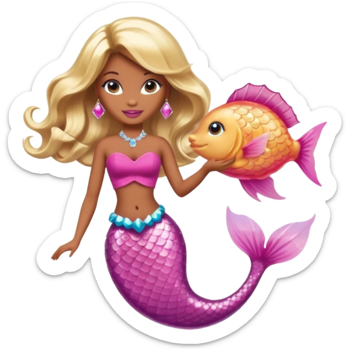 Brown skin blonde hair barbie mermaid with pink diamond tail  with pufferfish sticker