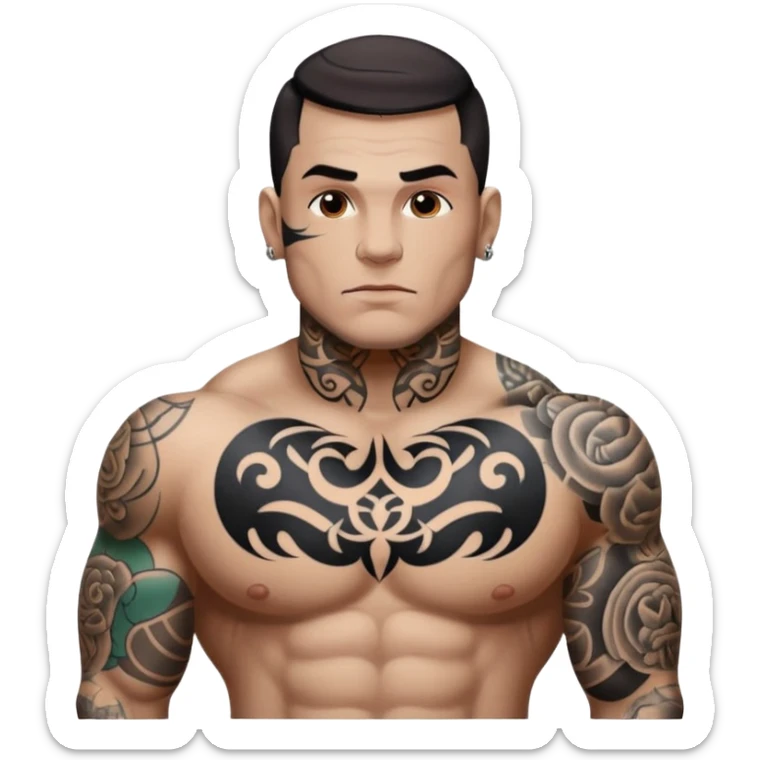 tattoo man, white skintone, more highlight the tattoo, body builder, heavy tattoos on fully chest, more tattoos on the body, more visible tattoo, big tattoos, tattoos on face. sticker