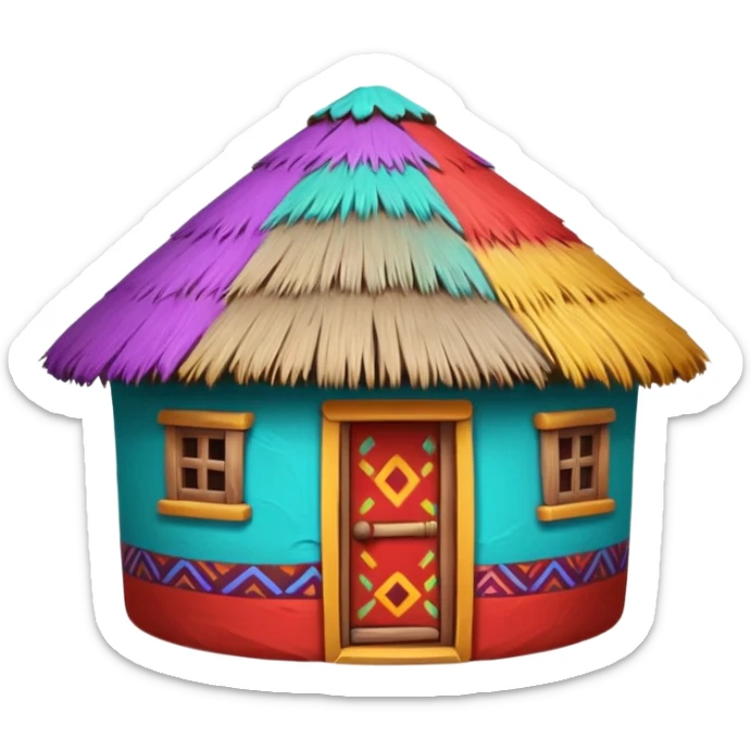 African mud hut tribal house, round adobe clay hut, thatched roof, bright colorful paint, walls in turquoise, red, yellow, purple, tribal patterns, cute mobile game icon, 3D cartoon, soft shadows, clean background, no text, no watermark sticker