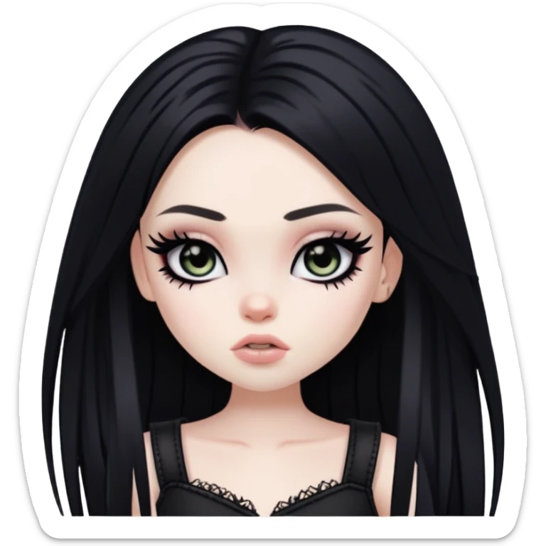 pretty bratz baddie, black emoneyeliner, pale skin, aesthetic emo, skinny, black long hair sticker