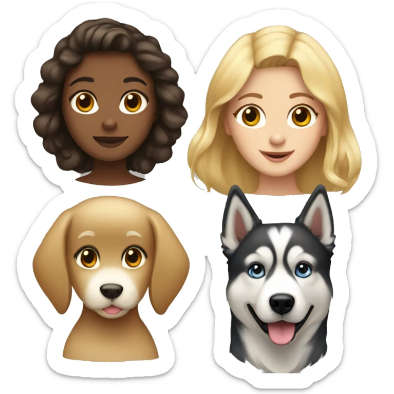 brunette girl, blonde girl, husky, and golden retriever sticker