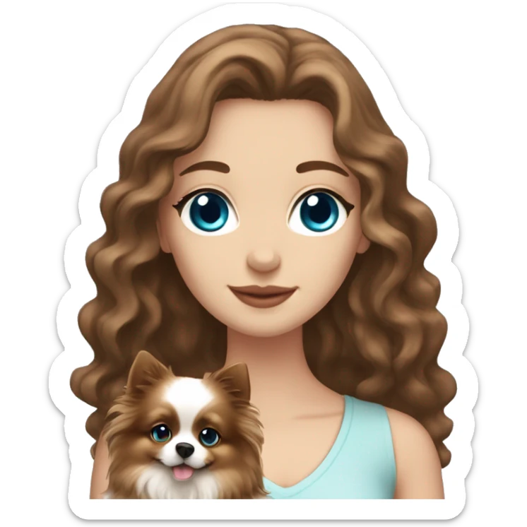 White girl with brown long wavy hair and blue eyes holding a pomeranian sticker