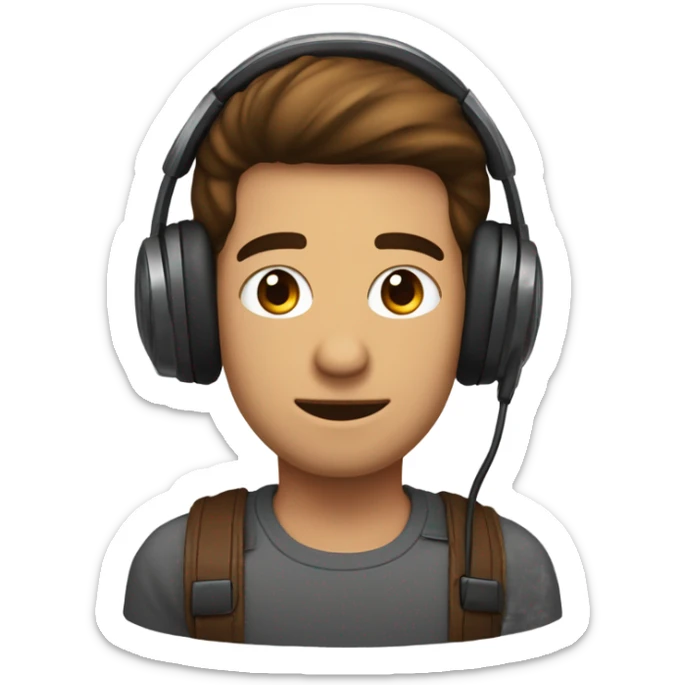 Homme brun, visage ovale, cheveux lisses avec un casque de gamer sur la tête, et des petits yeux marron sticker