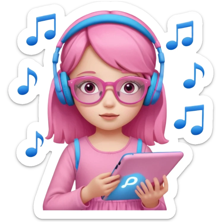 Little girl with headphones when pink eyes and pink iPad and pink dreamy background and rose colored glasses and blue music notes around her and pink dress sticker