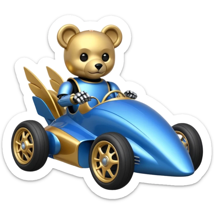  Metallic blue and gold-accented  kid-sized racing car for furry-faced evil scary robot teddy bear with custom aero body and rear wing and motorcycle-sized wheels  sticker
