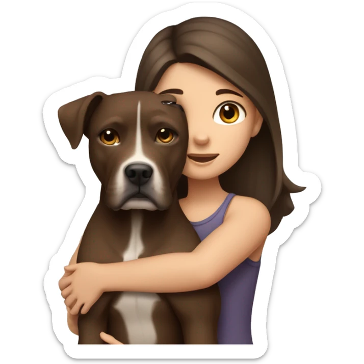 a girl with dark brown hair with gray eyes hugging a brown pit bull dog sticker