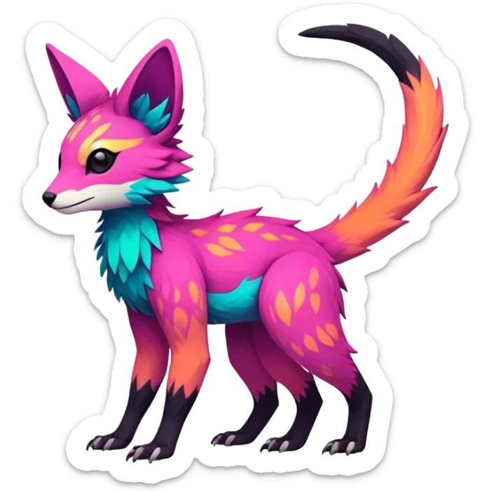 Rare realistic exotic edgy epic cute neon colorful tropical lush vibrant pretty beautiful handsome gorgeous aesthetic colorful vibrant Vernid-Trico-species-Fakemon-creature by LiLaiRa, 4 legs, 1 tail, random markings, (full body) sticker