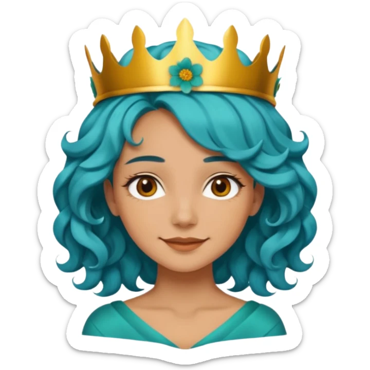 A woman with wavy teal-blue hair styled in loose curls. Her hair is adorned with large golden-yellow flower petals that resemble a crown. She has soft brown eyes, smooth skin, and a small friendly smile on her face. sticker