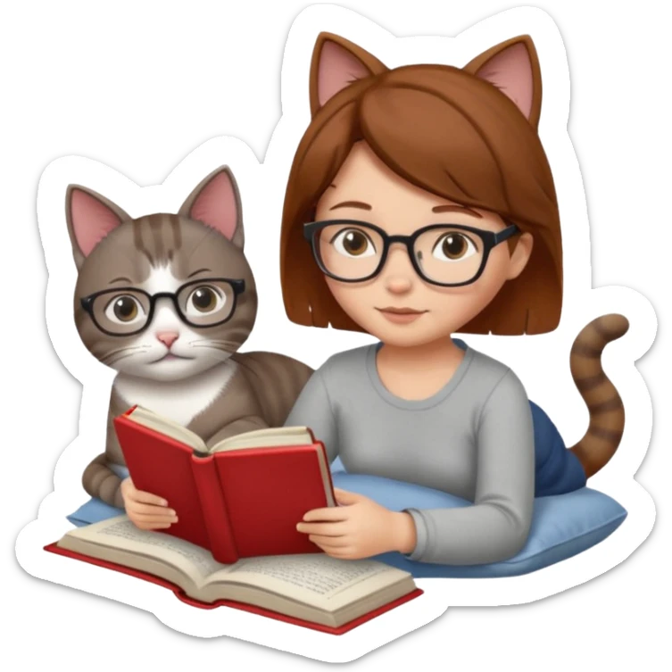 A girl is lying in bed. She has short chestnut hair styled neatly, is wearing glasses, and is reading a book. A grey cat is lying on her legs. The girl has no headband or ears, and the cat is not wearing glasses. sticker