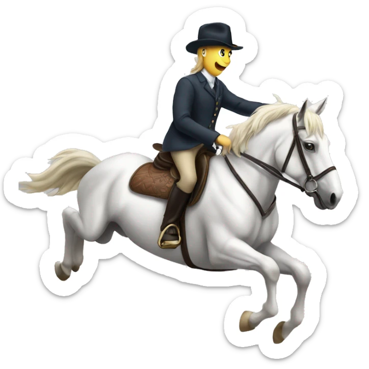 A beautiful horse that’s white with a person riding it well they are jumping high  sticker