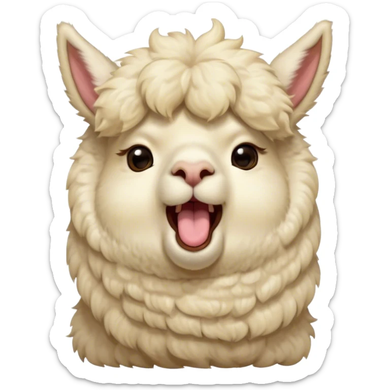 Cinematic Cute Yawning Cream Alpaca Portrait Emoji, Head tilted slightly with a dramatic, wide-open yawn, showcasing a soft, fluffy cream fleece with subtly drooping ears, round gentle eyes barely open in drowsy contentment, Simplified yet irresistibly adorable features, highly detailed, glowing with a soft, cozy glow, high shine, relaxed yet expressive, stylized with a touch of whimsy, bright and endearing, soft glowing outline, capturing the essence of a sleepy yet affectionate alpaca, so drowsy it feels like it could stretch out of the screen and curl up for a nap! sticker