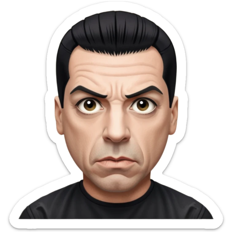 Till Lindemann, lead singer of Rammstein, intense expression, short hair, black shirt sticker
