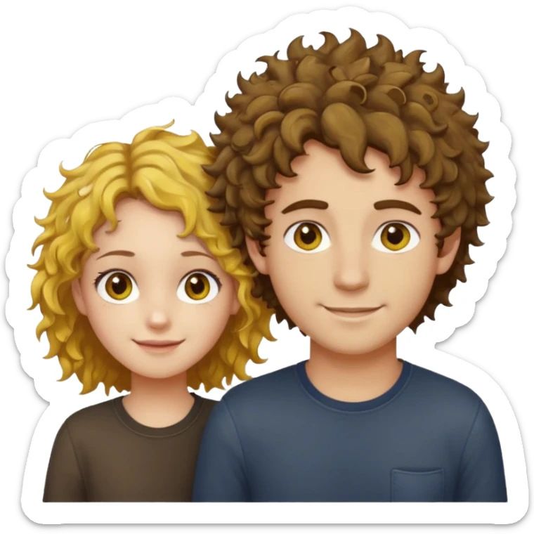 Sarı ve dağınık saçlı ela gözlü beyaz tenli erkek ve saçları koyu kahverengi ,kıvırcık saçlı kız yan yana gülümsüyor sticker