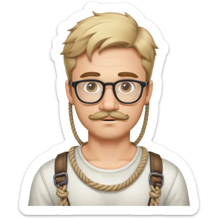 Dirty Blond haired guy with a mustache and some chin hair and glasses in a rope harness  sticker