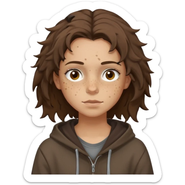 Hobo tomboy with light skin, freckles, dark brown shoulder-length hair in a messy style. Brown eyes, dark brown hoodie, brown shirt. sticker