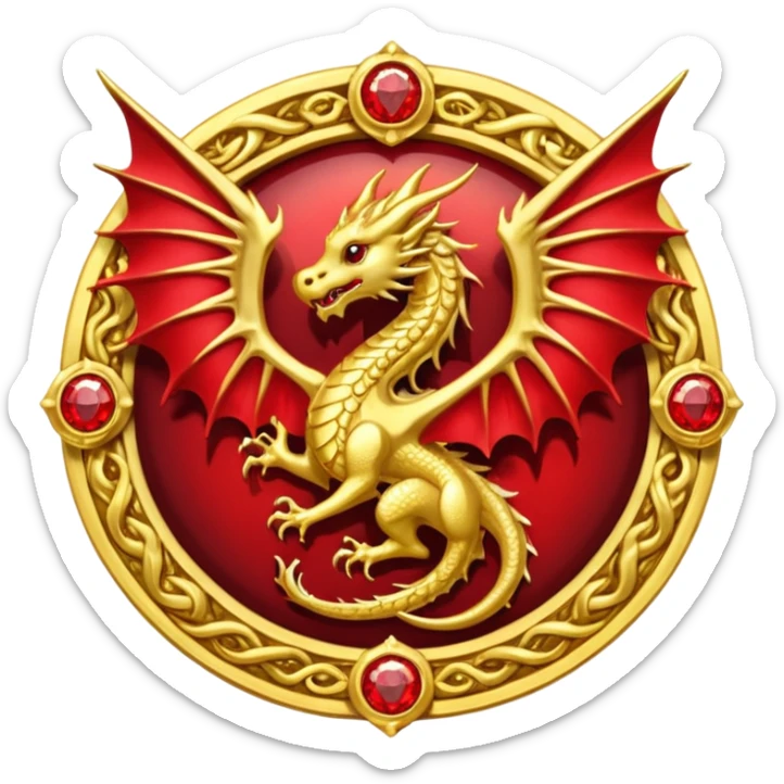 Golden dragon with wings crest / brosch in a circle with red gems and no background sticker