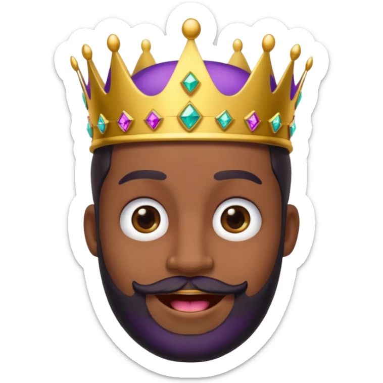 Create a cartoon-style emoji of Baltasar, one of the Three Wise Men. Only show his face and crown. He has a joyful expression, black beard, and a purple and gold crown with jewels. Make it colorful, simple, and suitable as an emoji. sticker